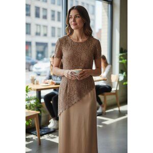 Vintage 80s Helene Blake‎ Dress Women’s Size 12 Sheath Assymetric Lace Gold